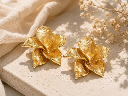 Gold Flower Stud Earrings, Sculptural Botanical Design, Lightweight Everyday Jewelry