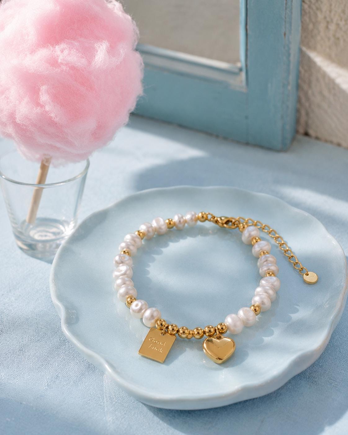 Freshwater Pearl Bracelet, Gold Heart Charm, Good Luck Tag, Minimalist Beaded Jewelry