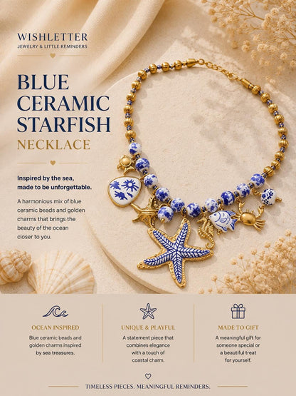Blue Beaded Starfish Necklace, Ocean Charm, Shell Beads, Coastal Statement, Summer Jewelry