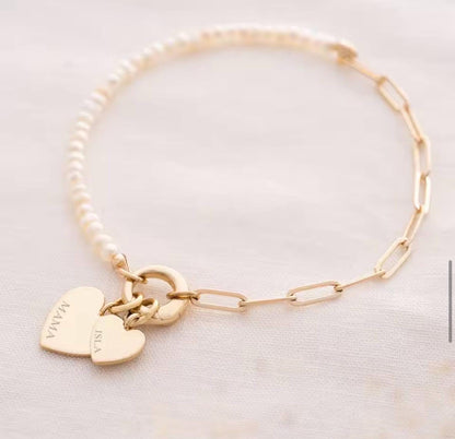 Personalized Pearl Paperclip Bracelet, Engraved Heart Charm, 18K Gold Plated Stainless Steel