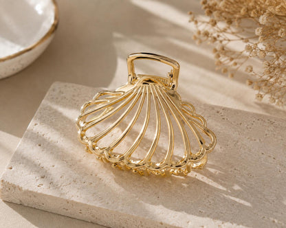 Gold Seashell Hair Claw Clip, Openwork Scalloped Shell, Coastal Beach Accessory