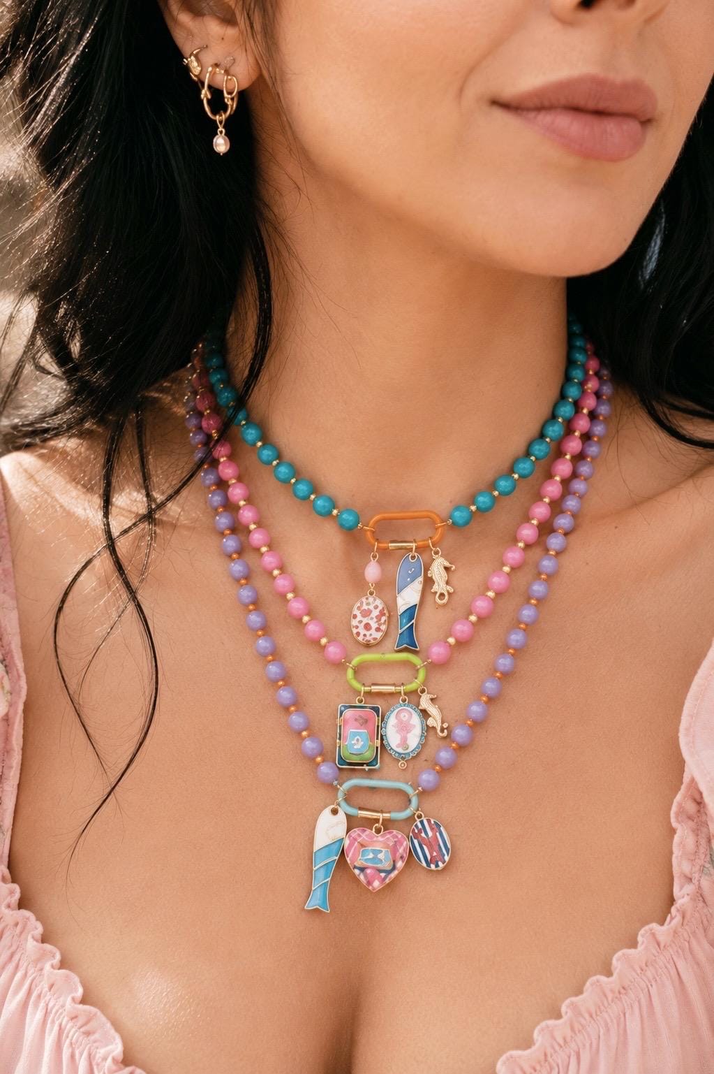 Coastal Charm Beaded Necklace – Enamel Fish, Heart, Lobster Charms, Colorful Beach Jewelry