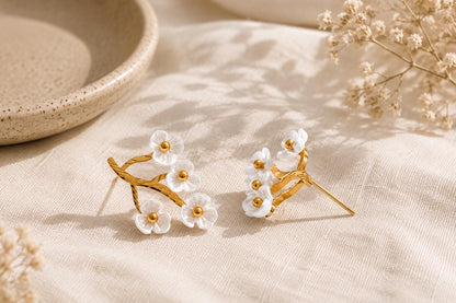 Gold Branch White Flower Earrings, Botanical Resin Jewelry, Romantic Style
