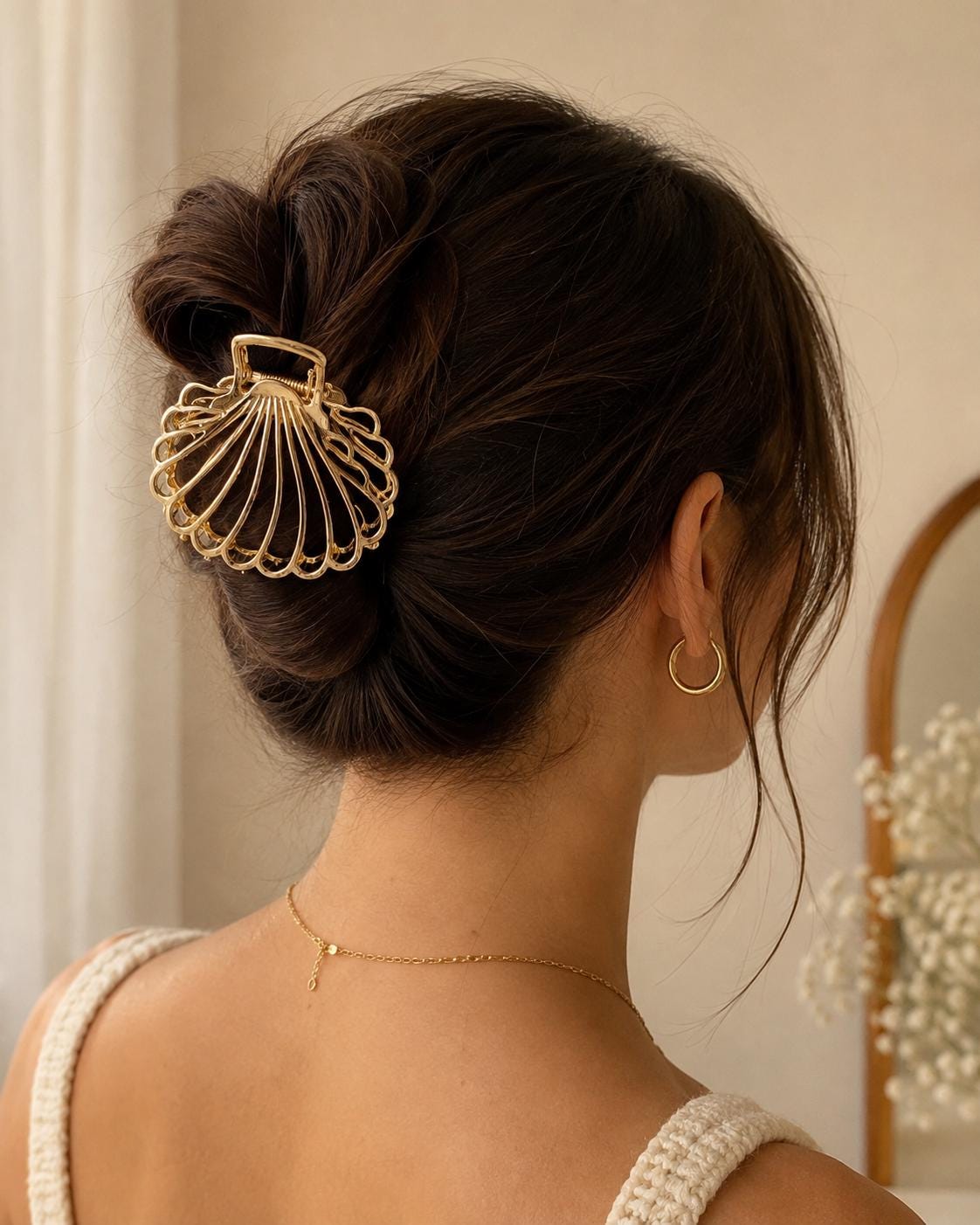 Gold Seashell Hair Claw Clip, Openwork Scalloped Shell, Coastal Beach Accessory