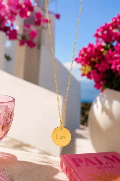Gold "I Am" Disc Pendant Necklace, Minimalist Affirmation Jewelry, Stainless Steel