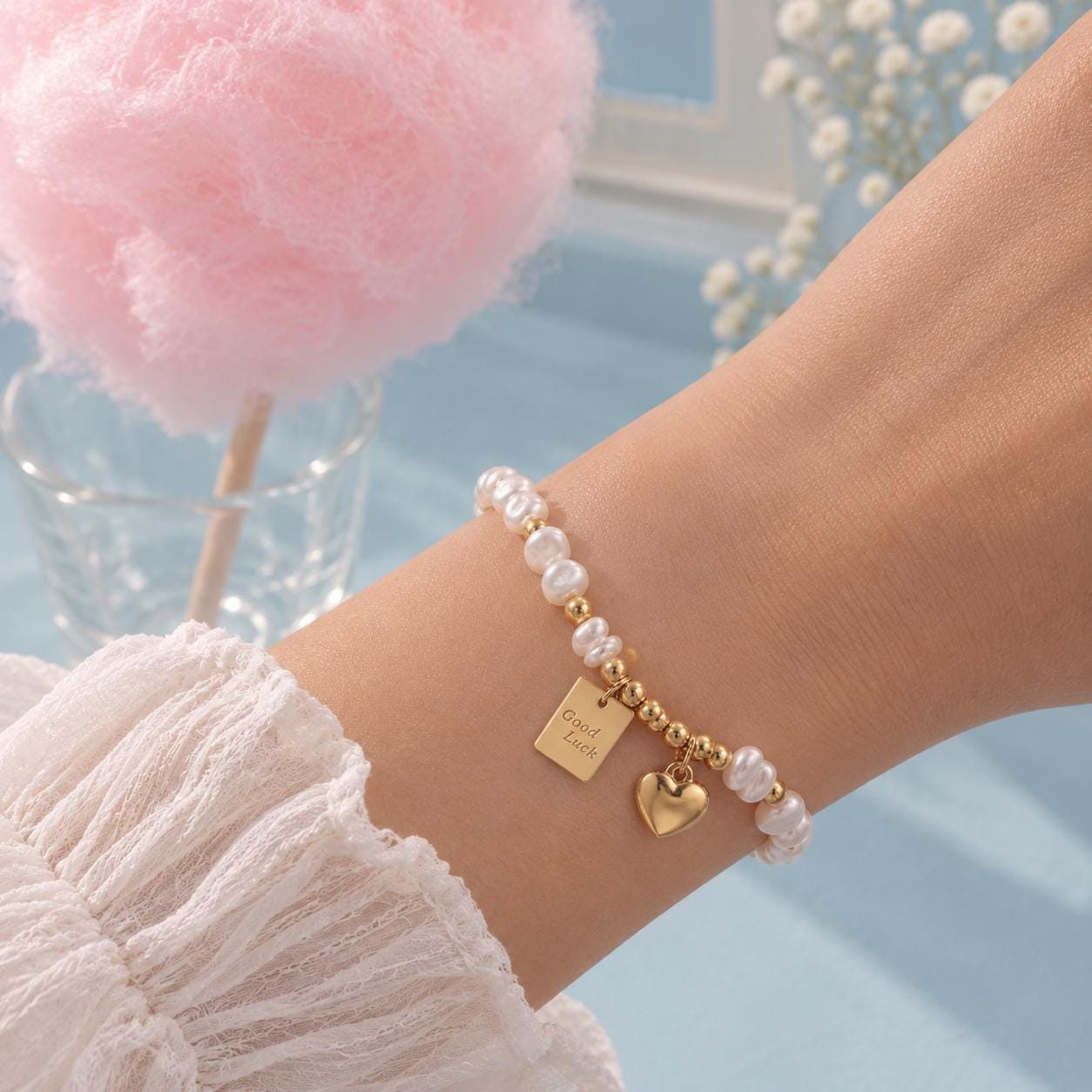 Freshwater Pearl Bracelet, Gold Heart Charm, Good Luck Tag, Minimalist Beaded Jewelry