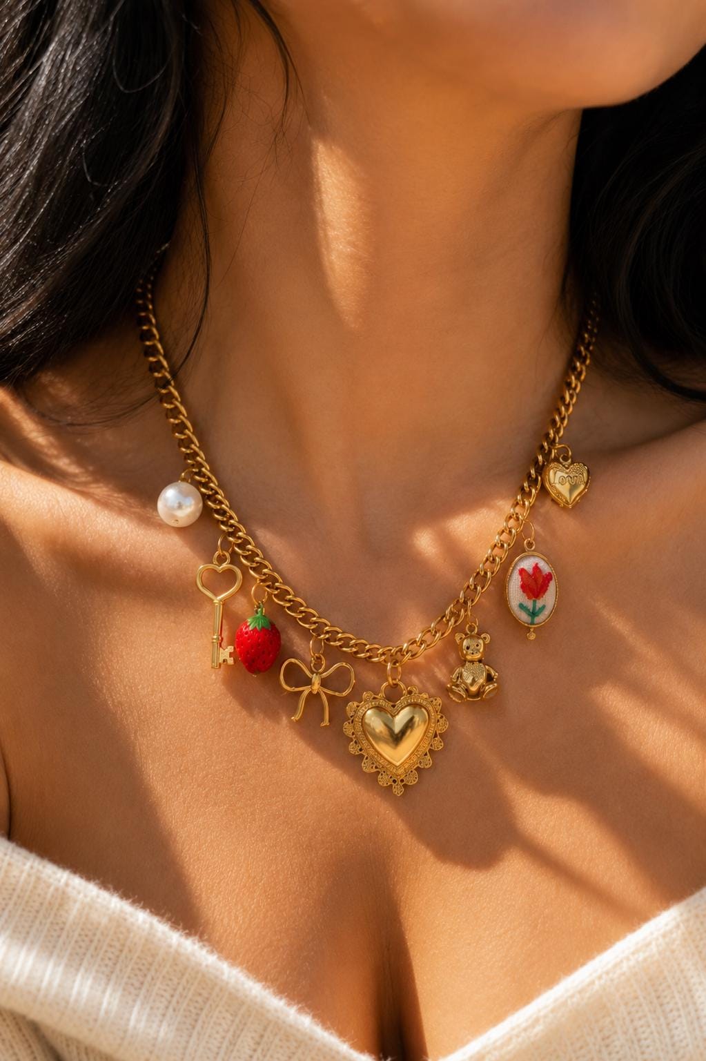 Gold Charm Necklace, Chunky Curb Chain with Heart, Bow, Strawberry, Pearl