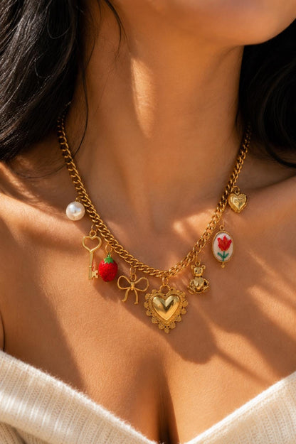 Gold Charm Necklace, Chunky Curb Chain with Heart, Bow, Strawberry, Pearl