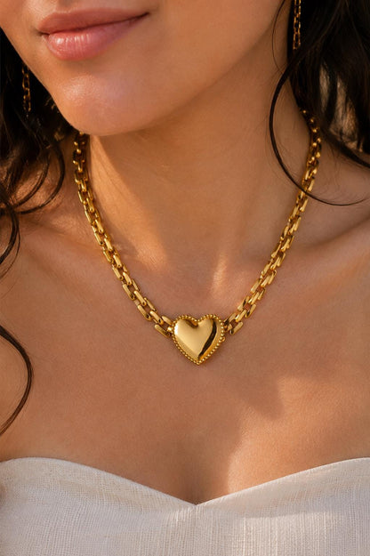 18K Gold Plated Stainless Steel Heart Necklace, Chunky Link Chain Statement Jewelry