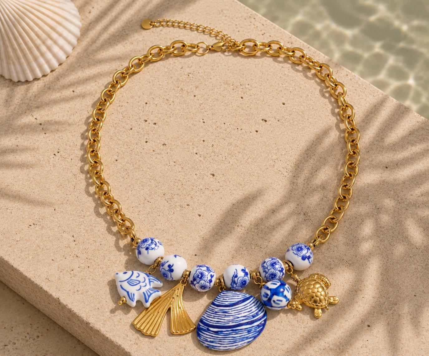 Blue White Porcelain Charm Necklace, Chunky Gold Chain, Coastal Summer Jewelry