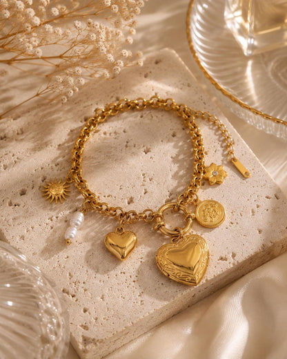 Gold Charm Bracelet with Heart Locket, Pearl, Sun, Star | Stainless Steel Coquette Jewelry