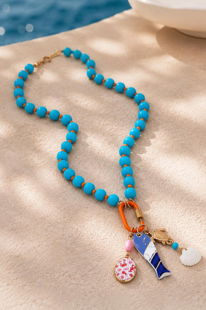 Coastal Charm Beaded Necklace – Enamel Fish, Heart, Lobster Charms, Colorful Beach Jewelry