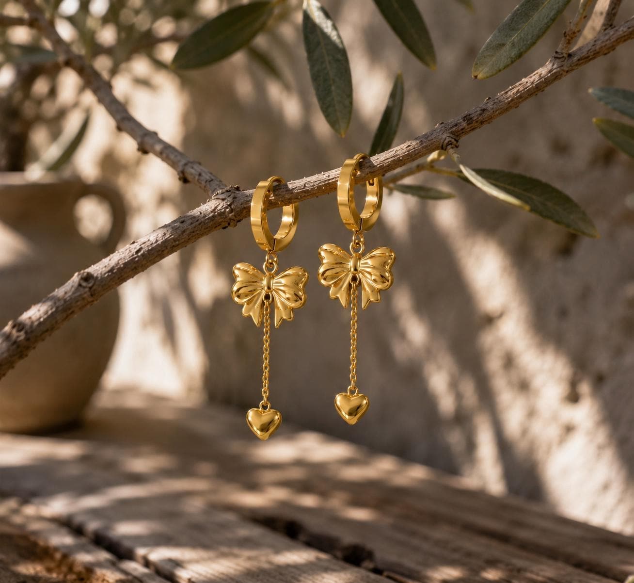 Gold Bow Heart Charm Hoop Earrings, Dainty Stainless Steel Huggie Hoops