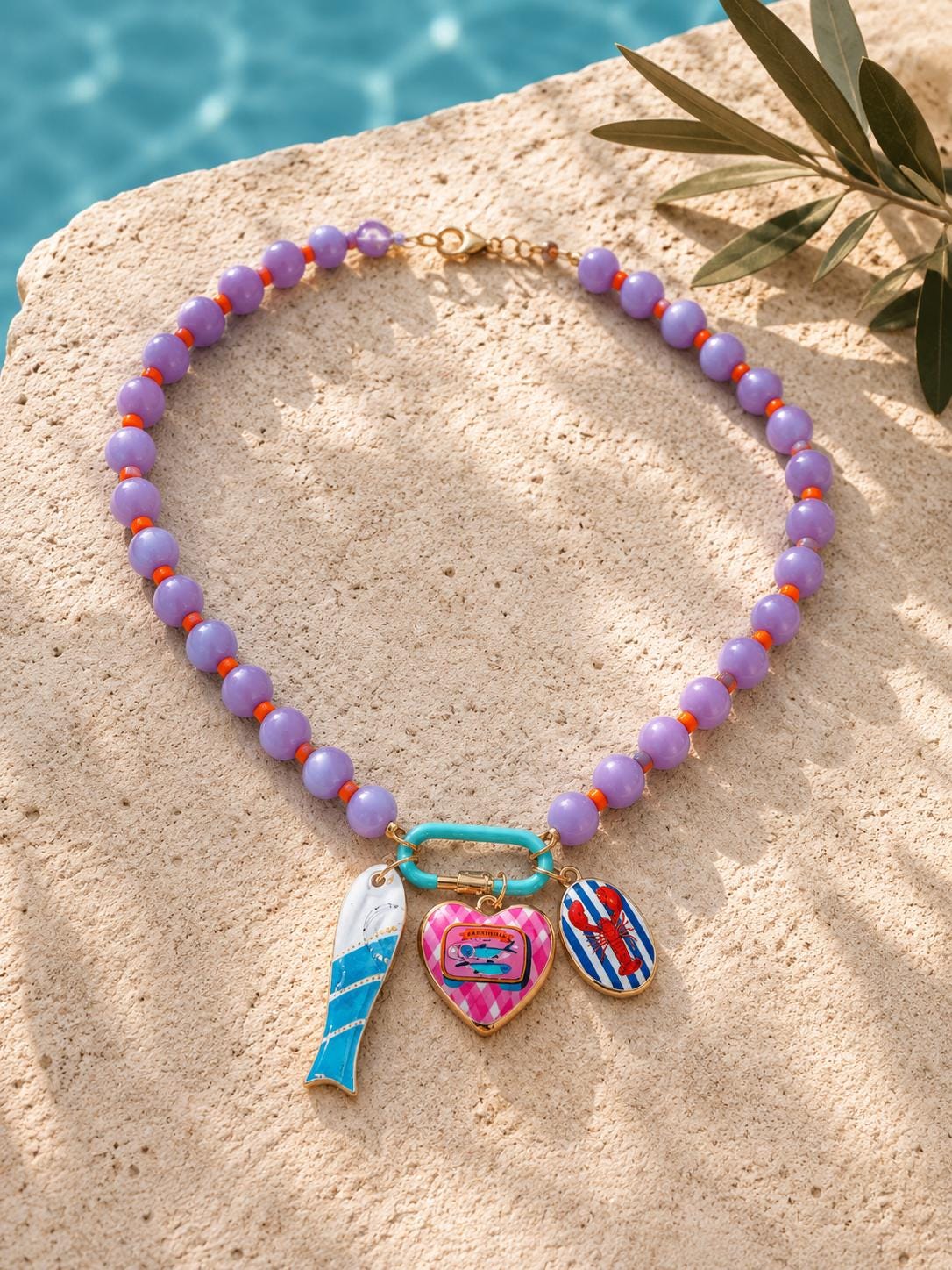 Coastal Charm Beaded Necklace – Enamel Fish, Heart, Lobster Charms, Colorful Beach Jewelry