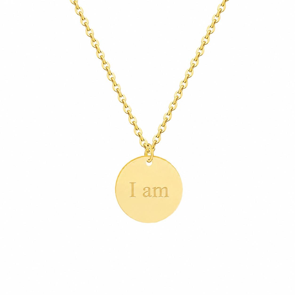 Gold "I Am" Disc Pendant Necklace, Minimalist Affirmation Jewelry, Stainless Steel