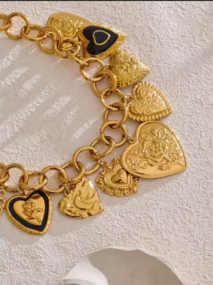 Gold Heart Charm Statement Necklace | Chunky Vintage Chain, Romantic Pendant