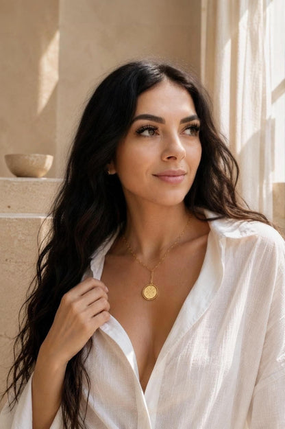 Personalized Gold Compass Medallion Necklace, Stainless Steel, Waterproof Jewelry