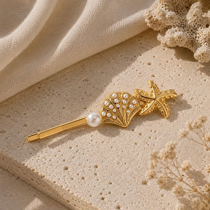 Gold Coastal Hair Clips, Starfish Seashell Pearl Bobby Pins, Beach Summer Accessory