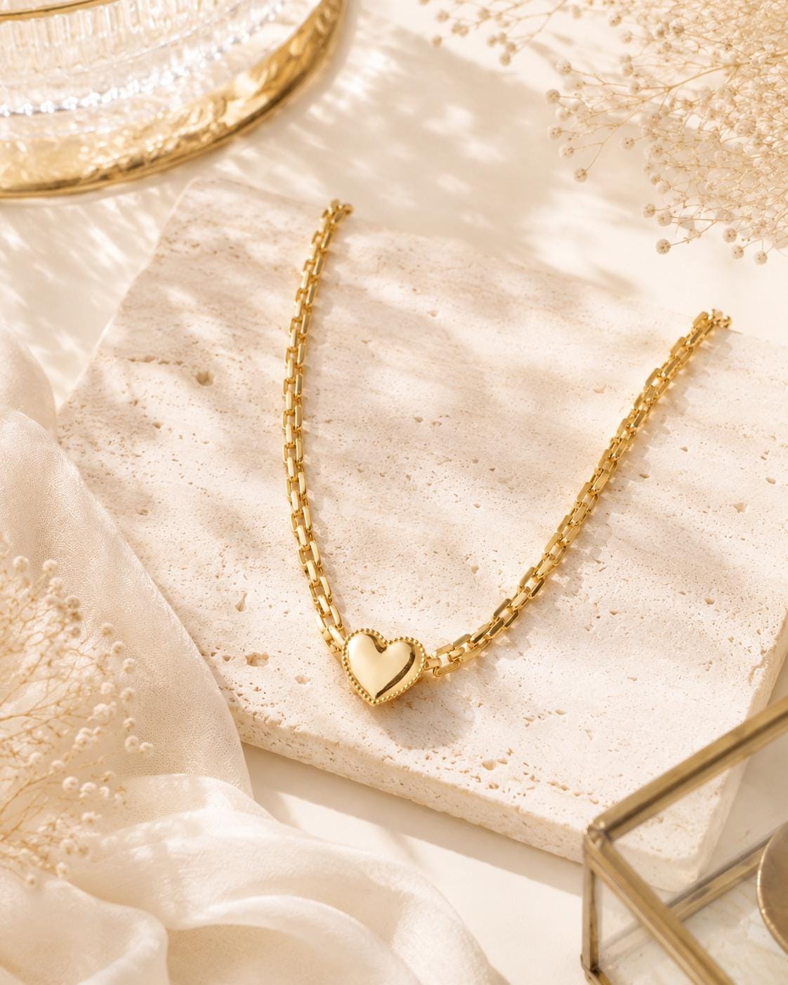 18K Gold Plated Stainless Steel Heart Necklace, Chunky Link Chain Statement Jewelry