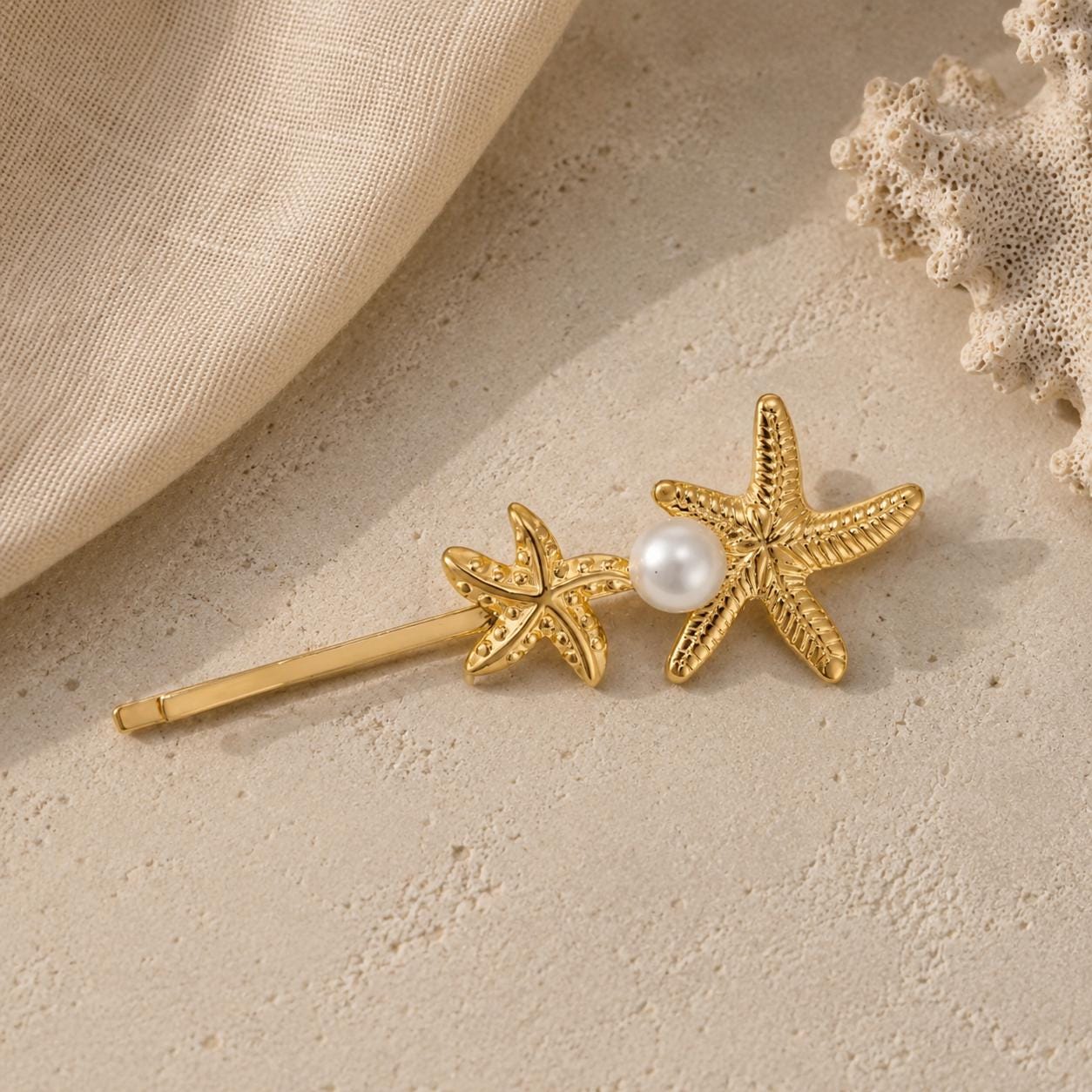 Gold Coastal Hair Clips, Starfish Seashell Pearl Bobby Pins, Beach Summer Accessory