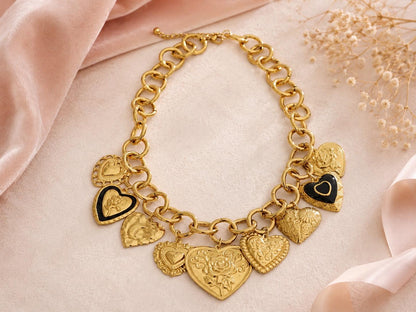 Gold Heart Charm Statement Necklace | Chunky Vintage Chain, Romantic Pendant