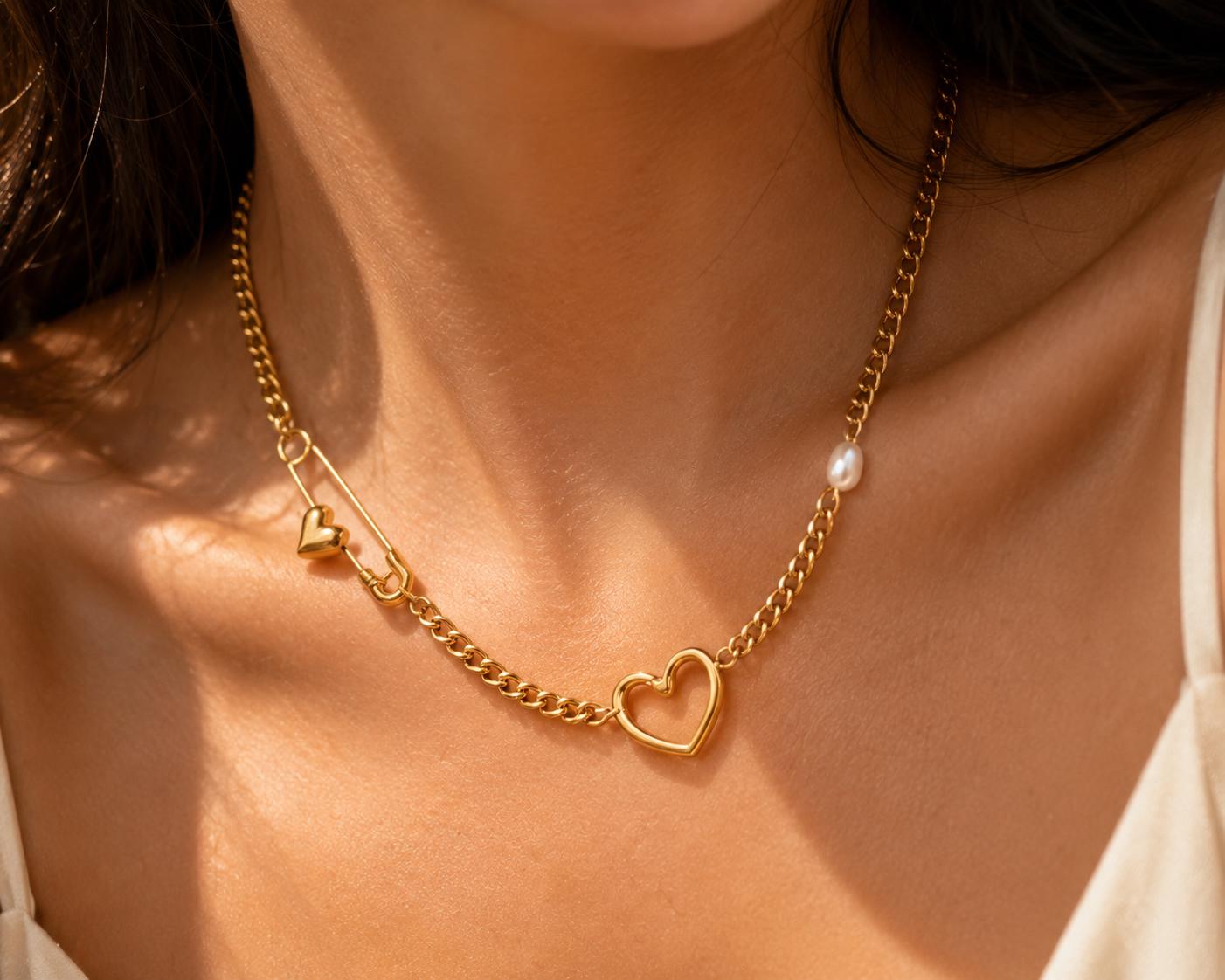 Gold Heart Safety Pin Necklace with Pearl, Chunky Chain Layering Jewelry