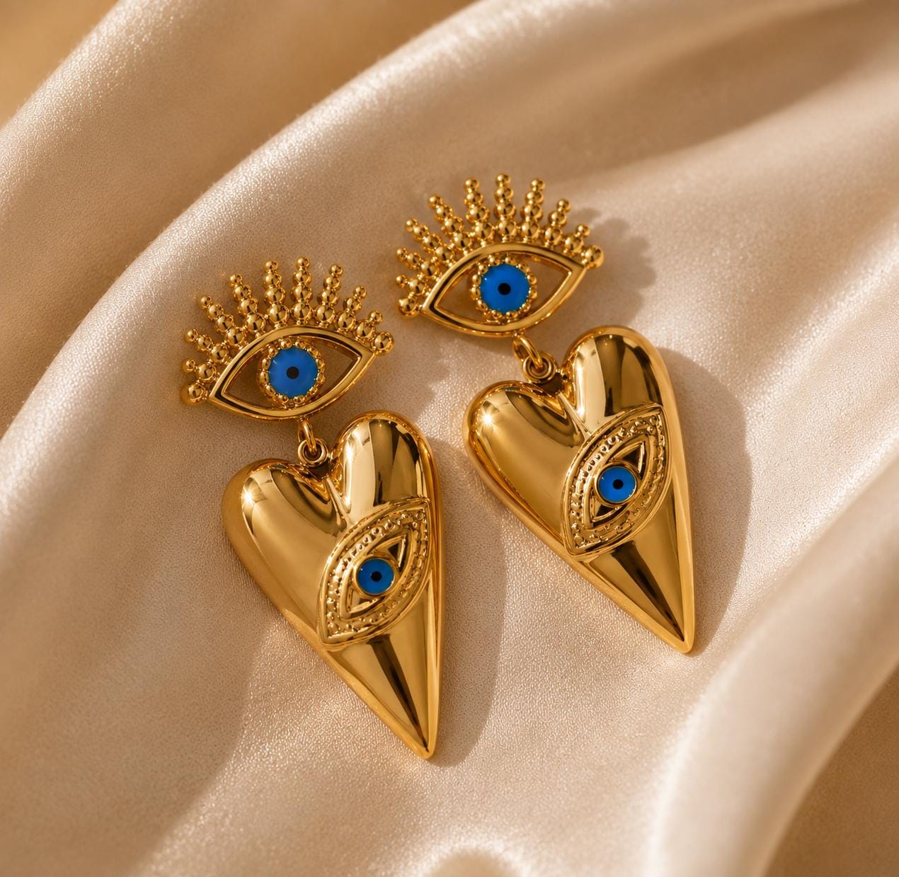 Gold Heart Evil Eye Statement Earrings | Blue Enamel Dangle Jewelry