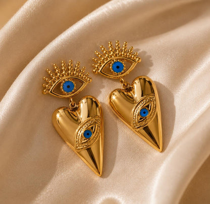 Gold Heart Evil Eye Statement Earrings | Blue Enamel Dangle Jewelry