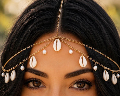 Gold Cowrie Shell Head Chain, Boho Beach Wedding Bridal Headpiece