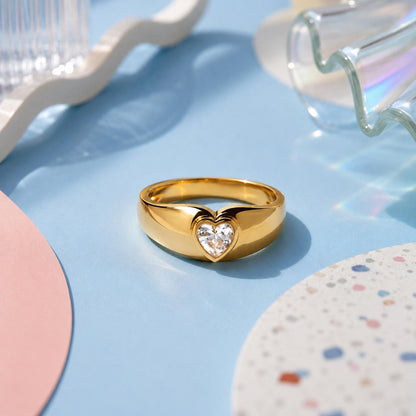 Sterling Silver Heart Signet Ring, CZ Accent, Minimalist Style