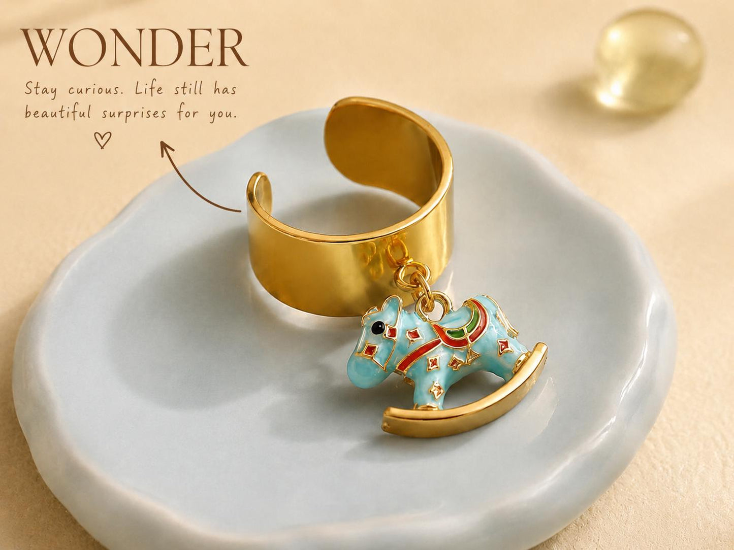 Gold Tone Rocking Horse Charm Ring, Adjustable Statement Ring, Whimsical Dangle Jewelry