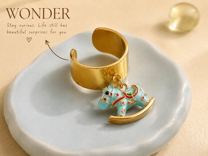 Gold Tone Rocking Horse Charm Ring, Adjustable Statement Ring, Whimsical Dangle Jewelry