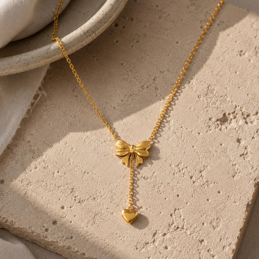 Gold Bow Heart Charm Necklace, Stainless Steel Minimalist Pendant