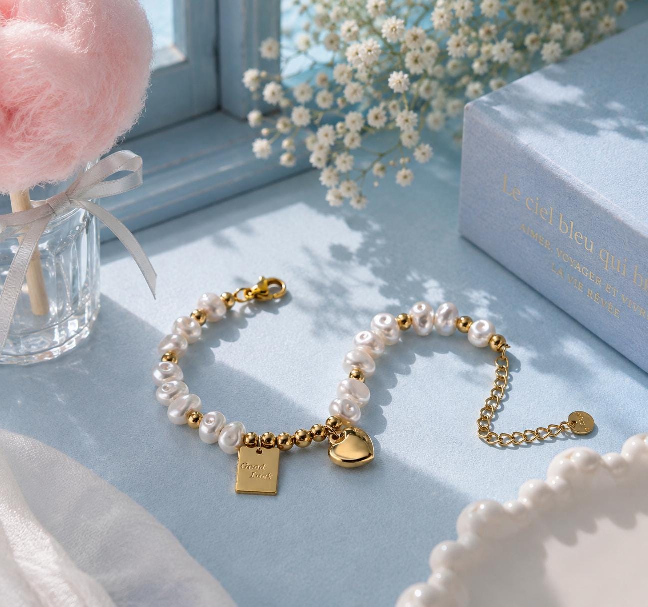 Freshwater Pearl Bracelet, Gold Heart Charm, Good Luck Tag, Minimalist Beaded Jewelry