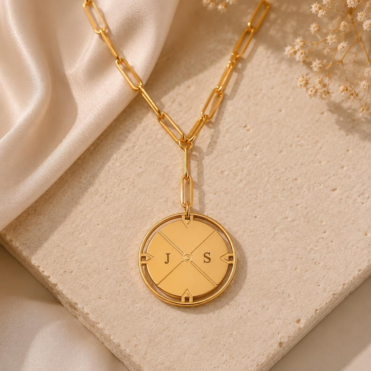Personalized Gold Compass Medallion Necklace, Stainless Steel, Waterproof Jewelry