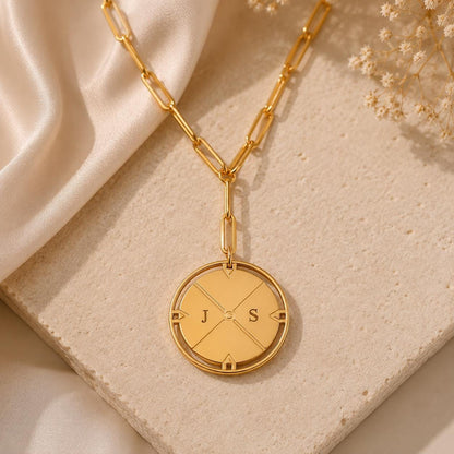 Personalized Gold Compass Medallion Necklace, Stainless Steel, Waterproof Jewelry