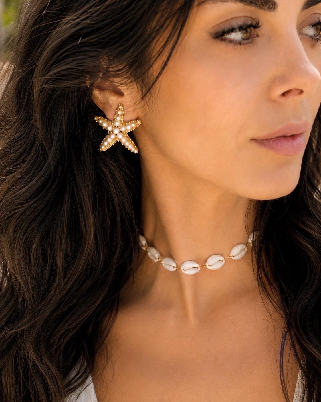Gold Pearl Starfish Stud Earrings | Coastal Beach Summer Jewelry