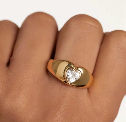 Sterling Silver Heart Signet Ring, CZ Accent, Minimalist Style