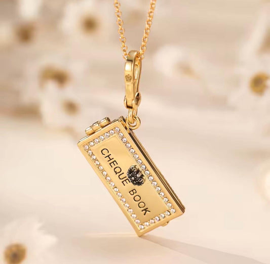 Gold Cheque Book Locket Necklace, Manifestation Pendant, Luxury Jewelry