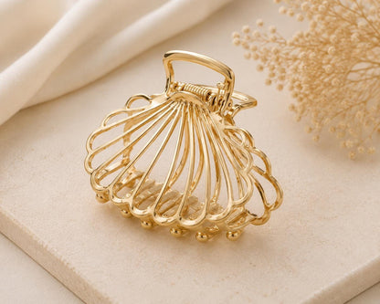 Gold Seashell Hair Claw Clip, Openwork Scalloped Shell, Coastal Beach Accessory