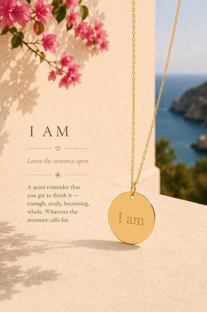 Gold "I Am" Disc Pendant Necklace, Minimalist Affirmation Jewelry, Stainless Steel