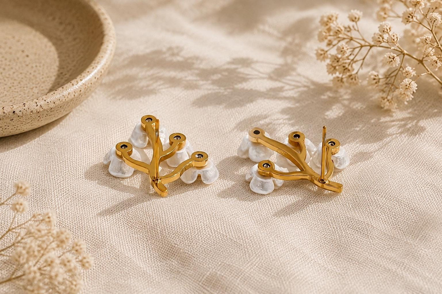 Gold Branch White Flower Earrings, Botanical Resin Jewelry, Romantic Style