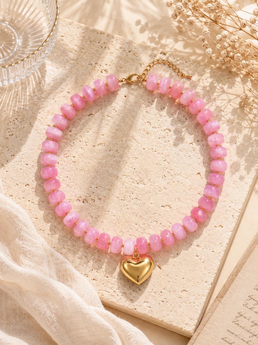Pink Beaded Heart Necklace, Gold Pendant, Y2K Summer Jewelry