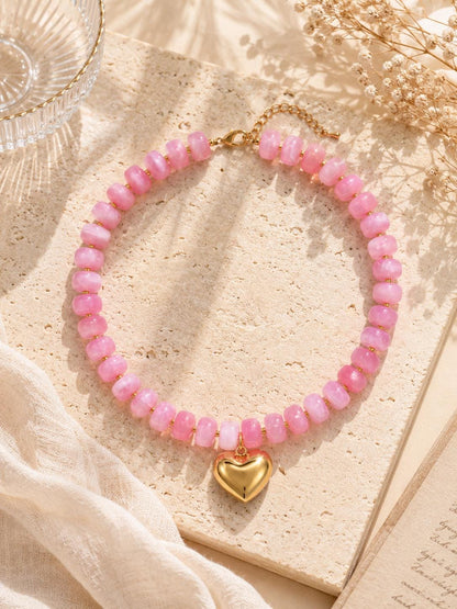 Pink Beaded Heart Necklace, Gold Pendant, Y2K Summer Jewelry
