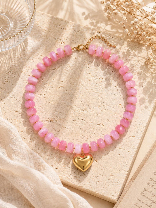 Pink Beaded Heart Necklace, Gold Pendant, Y2K Summer Jewelry