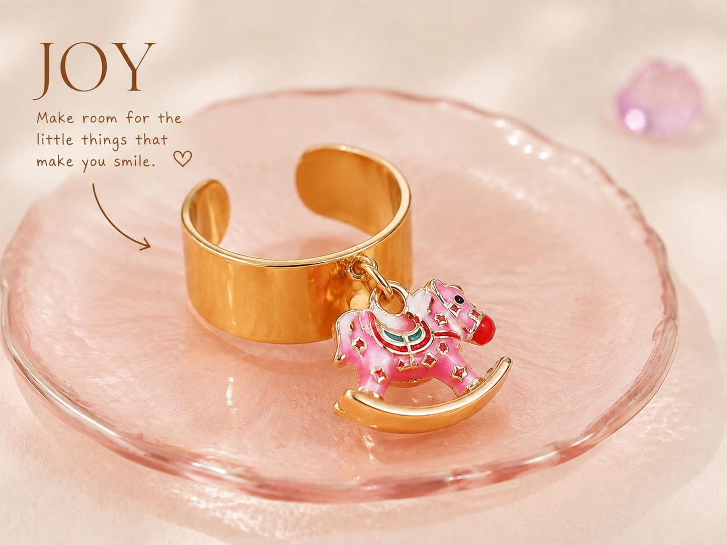 Gold Tone Rocking Horse Charm Ring, Adjustable Statement Ring, Whimsical Dangle Jewelry