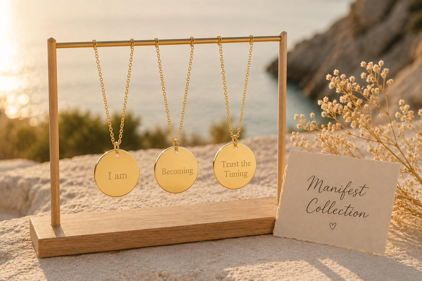 Gold "I Am" Disc Pendant Necklace, Minimalist Affirmation Jewelry, Stainless Steel