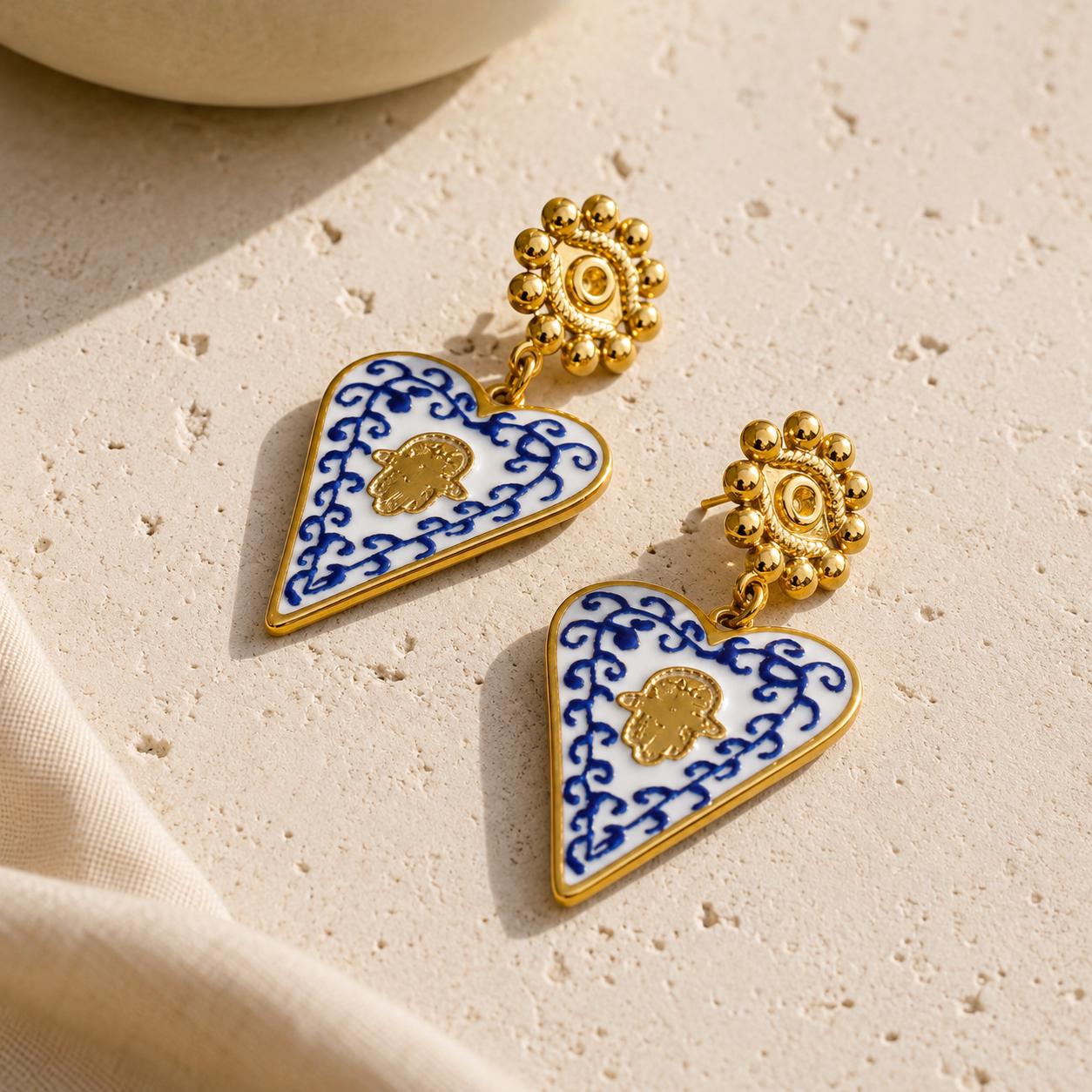 Blue White Heart Ceramic Earrings, Italian Sicilian Inspired Gold Dangle Mediterranean Jewelry