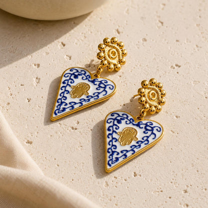 Blue White Heart Ceramic Earrings, Italian Sicilian Inspired Gold Dangle Mediterranean Jewelry