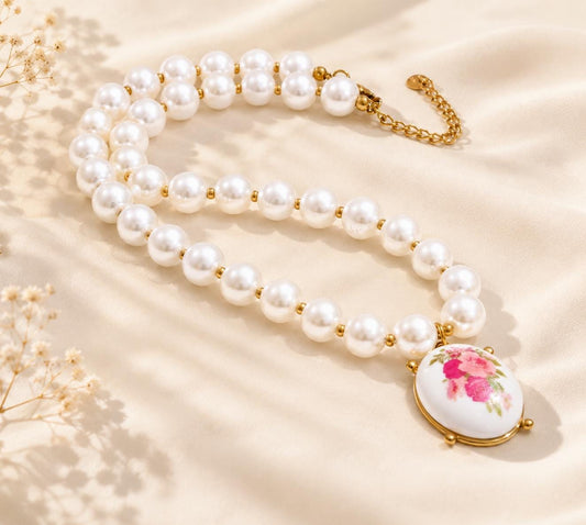 Floral Porcelain Pendant Necklace, Faux Pearl Choker, Cottagecore Jewelry, Gold Accents